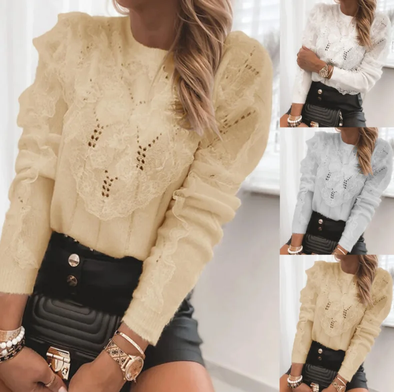 Women's knitted cotton solid color Pullover lace crew neck temperament commuter splicing lace bottomed sweater
Women's knitted cotton solid color Pullover lace crew neck temperament commuter splicing lace bottomed sweater