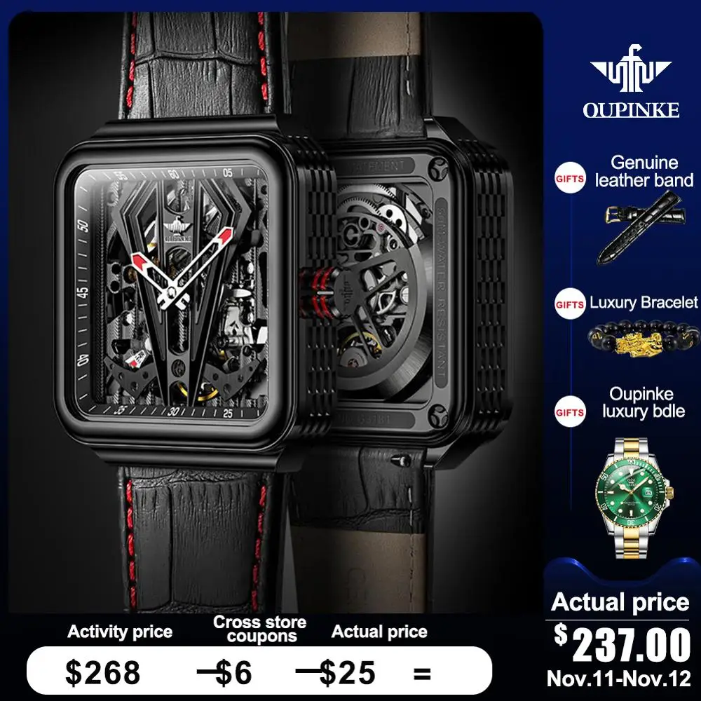 

Механические часы-скелетоны OUPINKE, автоматические часы с турбийоном, деловые часы с сапфировым стеклом и квадратным кожаным ремешком, прозра...