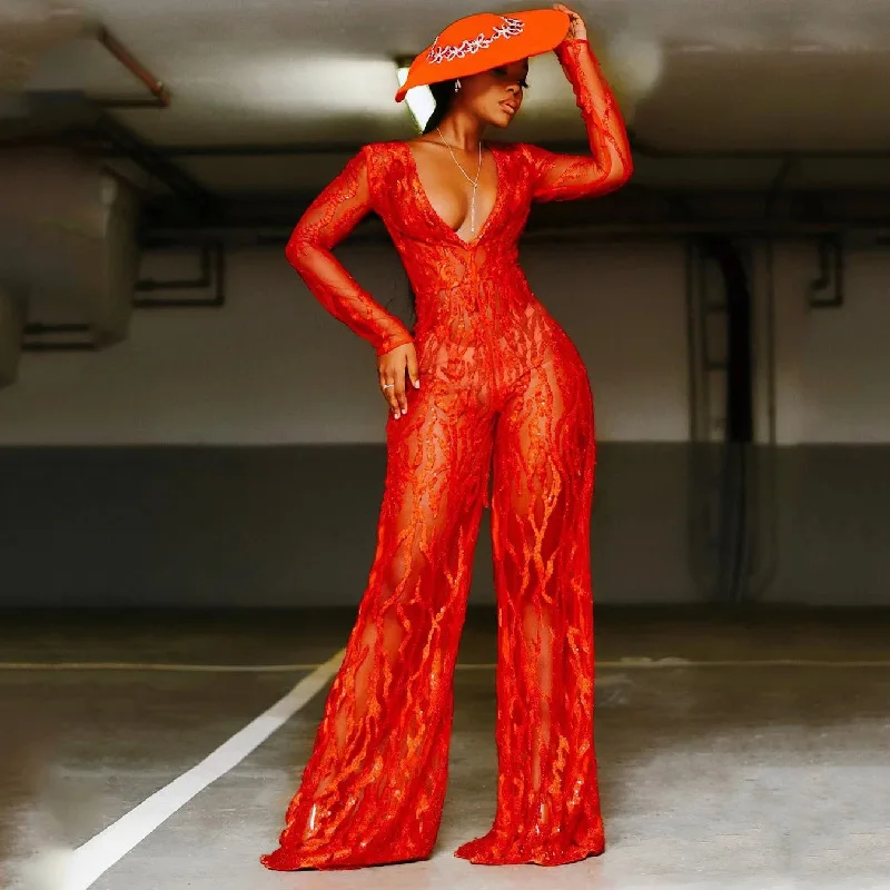 

2021 Designer Red Sequined Jumpsuit Sexy Sequin Bodycon Jumpsuit Women Deep V Neck Long Sleeve Bodycon Evening Party Clubwears