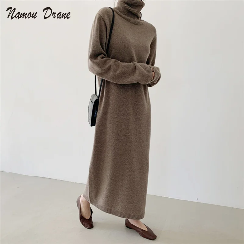 

2021 New Autumn and Winter Loose Loose Lazy Hedging Side Slit Over The Knee Long Knitted Sweater Dress One-piece Women