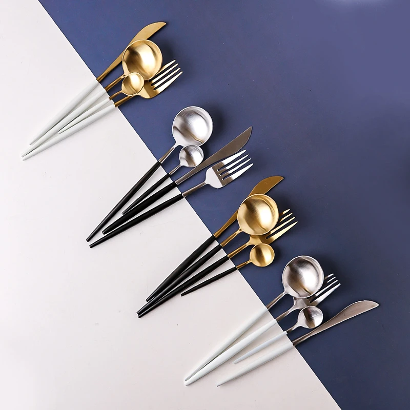 White Black Golden Nordic Stainless Steel Cutlery Travel Portable Spoon Cutlery Fork Knife Set Reusable Tableware 2020 II50DCSTZ
White Black Golden Nordic Stainless Steel Cutlery Travel Portable Spoon Cutlery Fork Knife Set Reusable Tableware 2020 II50DCSTZ