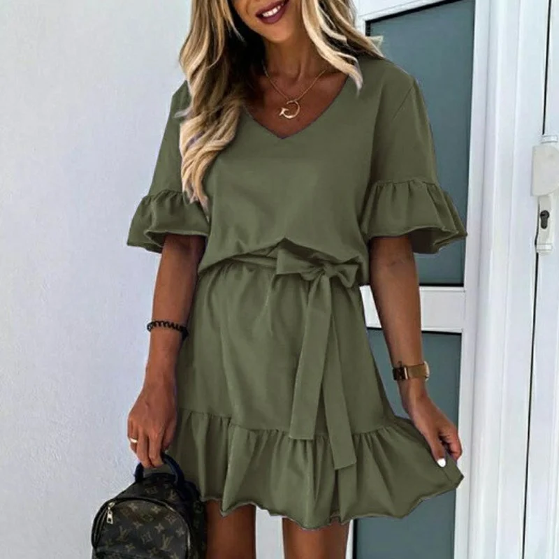Women 2021 Summer Solid Color Short Sleeve Dress Casual Loose Ruffle Party Dress Ladies Elegant O-Neck A-Line Dresses Vestidos
Women 2021 Summer Solid Color Short Sleeve Dress Casual Loose Ruffle Party Dress Ladies Elegant O-Neck A-Line Dresses Vestidos
