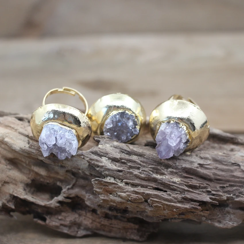 

New! Raw Amethysts Druzy Golden Ring Healing Crystal Quartz Geode Drusy Stone Adjustable Ring Fashion Women Jewelry,QC4071