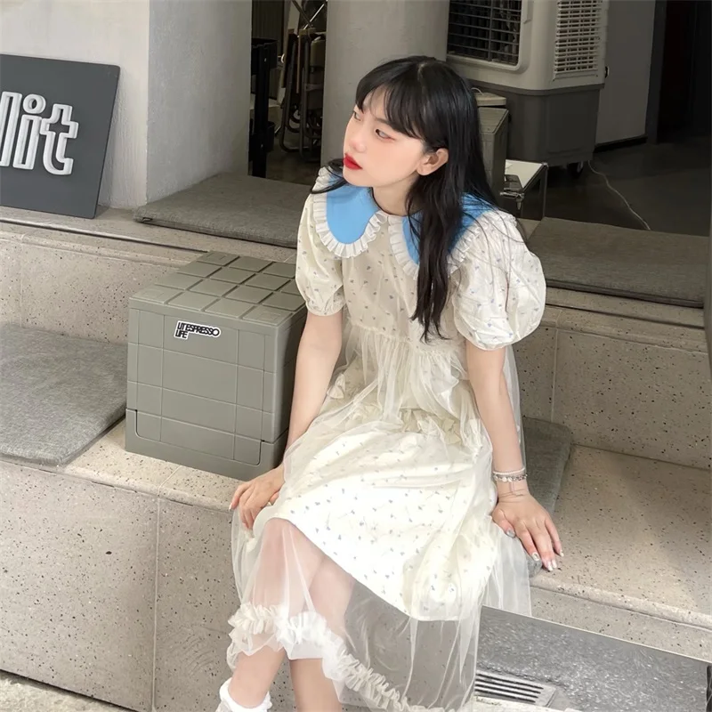 

Japanese Summer Cute Soft Girl College Style Dress Kawaii Peter pan Collar Lace Sweet Puff Sleeve Gauze Splicing Floral Dresses