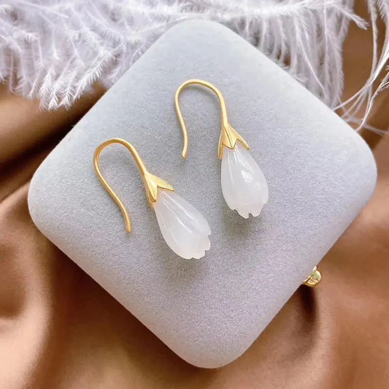 New silver inlaid natural Hotan White Magnolia Earrings Chinese style retro minority design charming women's brand jewelry 
New silver inlaid natural Hotan White Magnolia Earrings Chinese style retro minority design charming women's brand jewelry