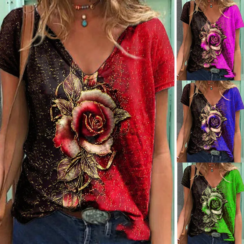 2021Summer Casual V-Neck Multicolor Rose Printed Short-Sleeved Loose T-Shirt Fashion Street Hipster Pullover Female T-Shirt 
2021Summer Casual V-Neck Multicolor Rose Printed Short-Sleeved Loose T-Shirt Fashion Street Hipster Pullover Female T-Shirt