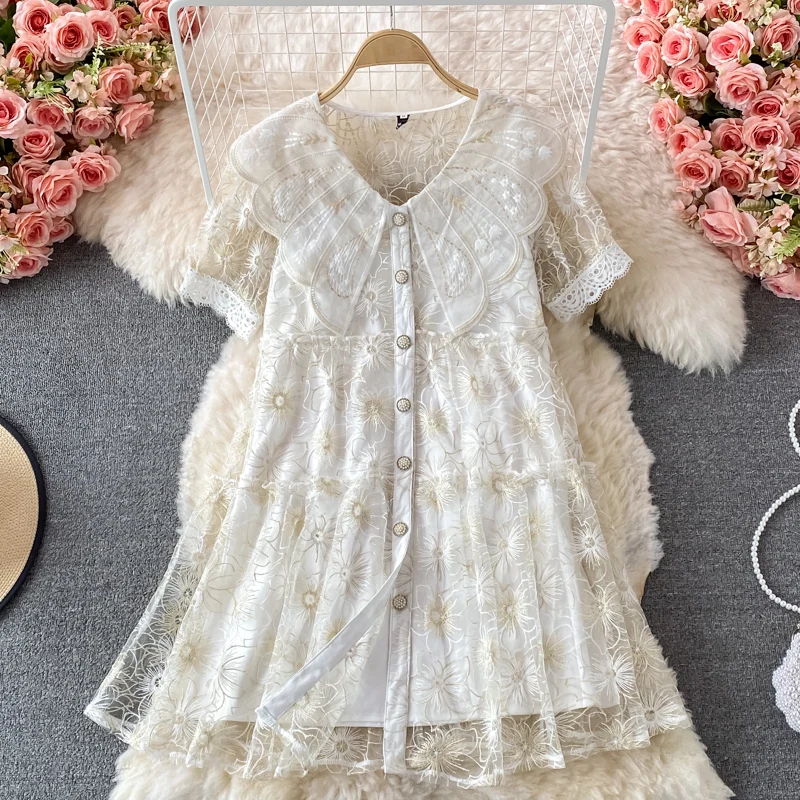 Summer New Women Lace Dress Korean Loose Embroidery Peter Pan Collar Puff Short Sleeve Casual Female Party Mini Vestidos
Summer New Women Lace Dress Korean Loose Embroidery Peter Pan Collar Puff Short Sleeve Casual Female Party Mini Vestidos