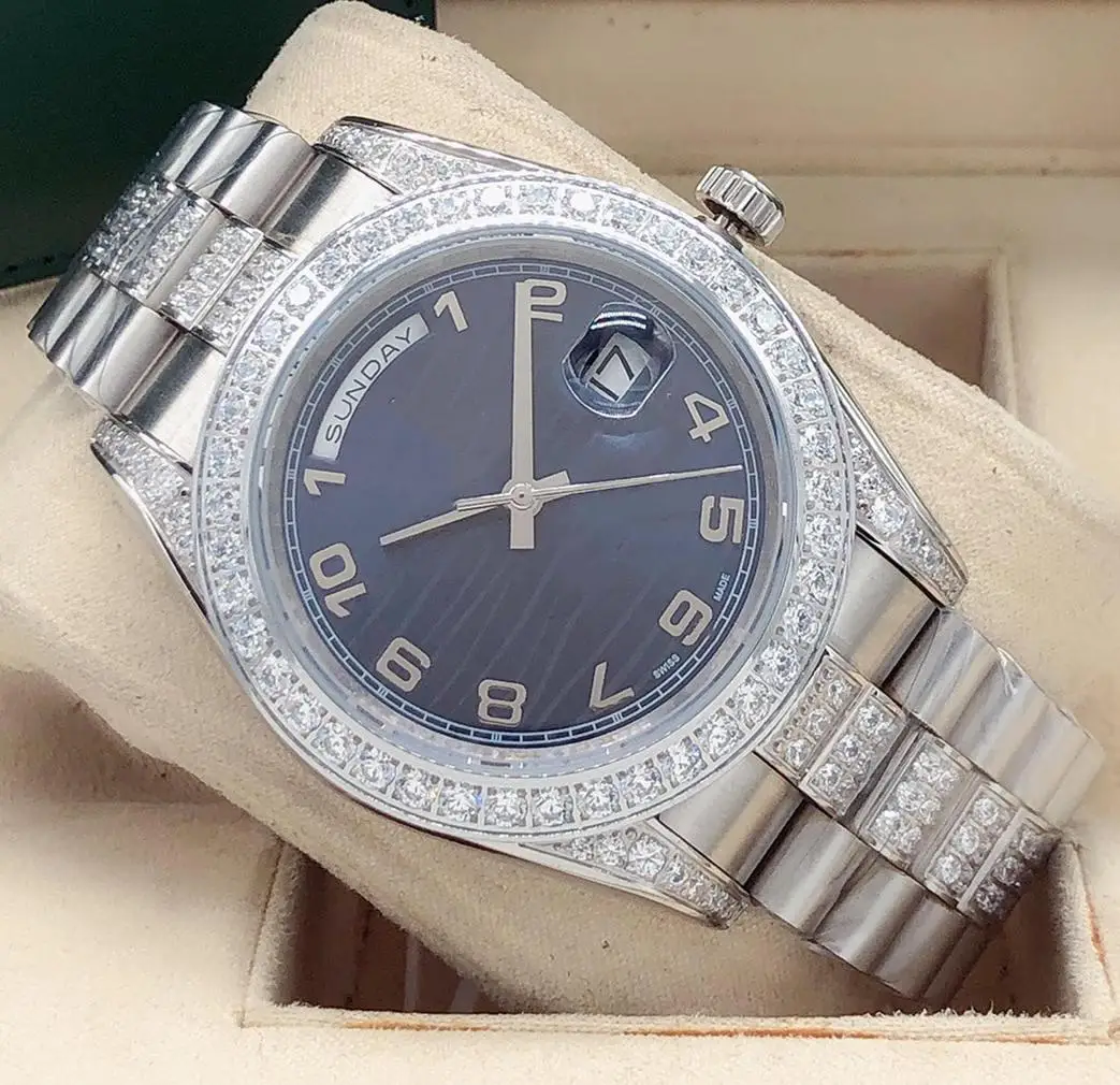 2020 diamond ring stainless steel watch sapphire Daydate date Day men automatic mechanical Silver Gold Number Dial watches 41mm 
2020 diamond ring stainless steel watch sapphire Daydate date Day men automatic mechanical Silver Gold Number Dial watches 41mm