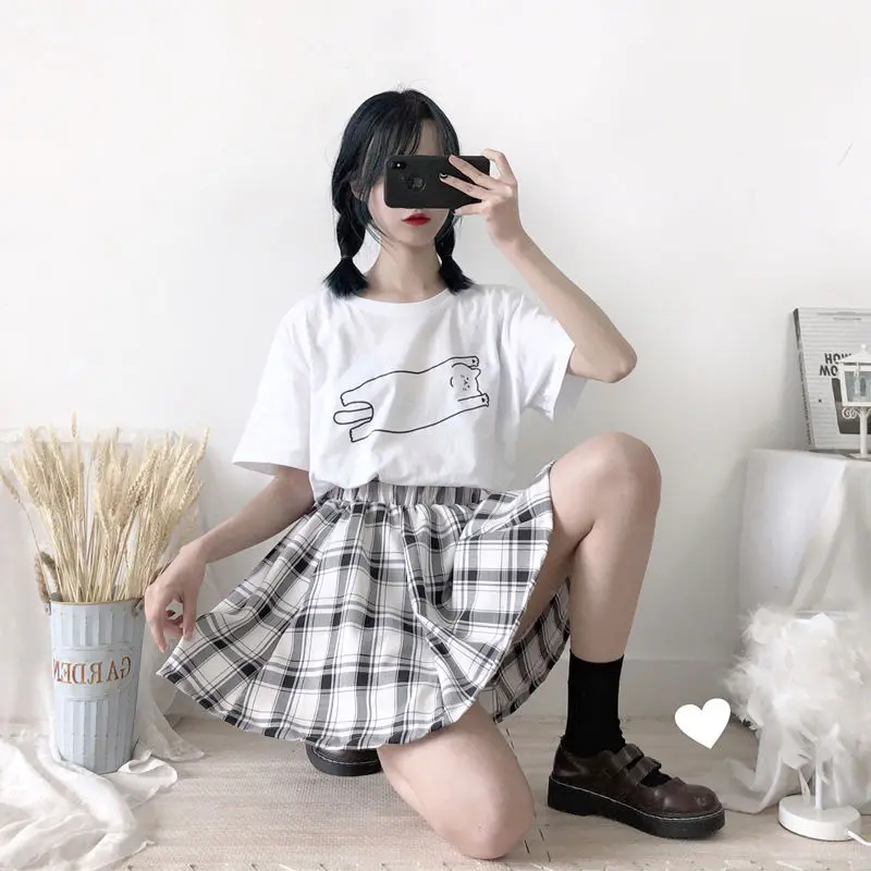 Женская клетчатая мини-юбка с завышенной талией в японском стиле | одежда