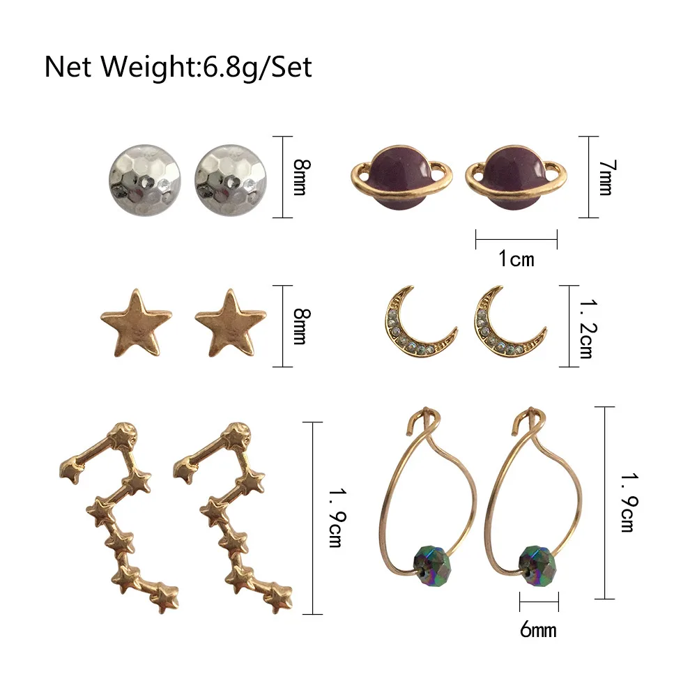 Trendy Gold Or Rhodium Color Crescent Glaxy Spaceship Universe Horoscope Earth Star 6 Pairs Stud Earrings Pack For Women Girl
Trendy Gold Or Rhodium Color Crescent Glaxy Spaceship Universe Horoscope Earth Star 6 Pairs Stud Earrings Pack For Women Girl