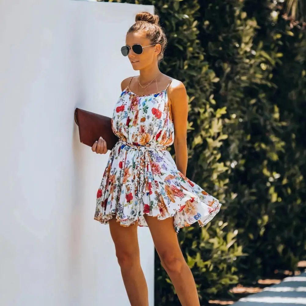 Hot Sales Summer Women Dress Spaghetti Straps Floral Print Belt Loose Mini Sling Dress for Beach
Hot Sales Summer Women Dress Spaghetti Straps Floral Print Belt Loose Mini Sling Dress for Beach
