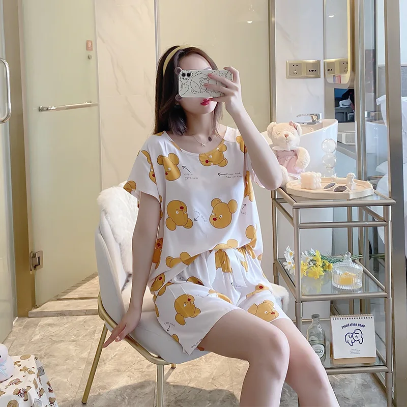 2021 Summer Pajama Sets Round Neck Sleep Tops Short-sleeved Shorts Home Suit Printing Small Fresh Cotton Silk Pajamas for Girls
2021 Summer Pajama Sets Round Neck Sleep Tops Short-sleeved Shorts Home Suit Printing Small Fresh Cotton Silk Pajamas for Girls