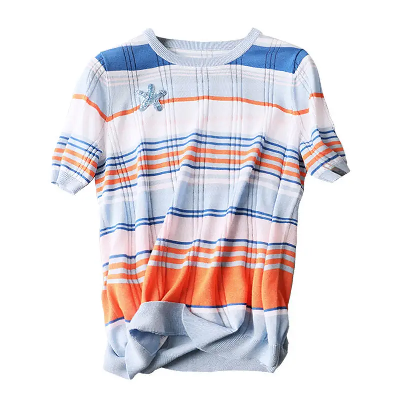 Rainbow Stripe ice silk T-shirt summer thin round neck short sleeve versatile loose thin bottomed T-shirt girl
Rainbow Stripe ice silk T-shirt summer thin round neck short sleeve versatile loose thin bottomed T-shirt girl