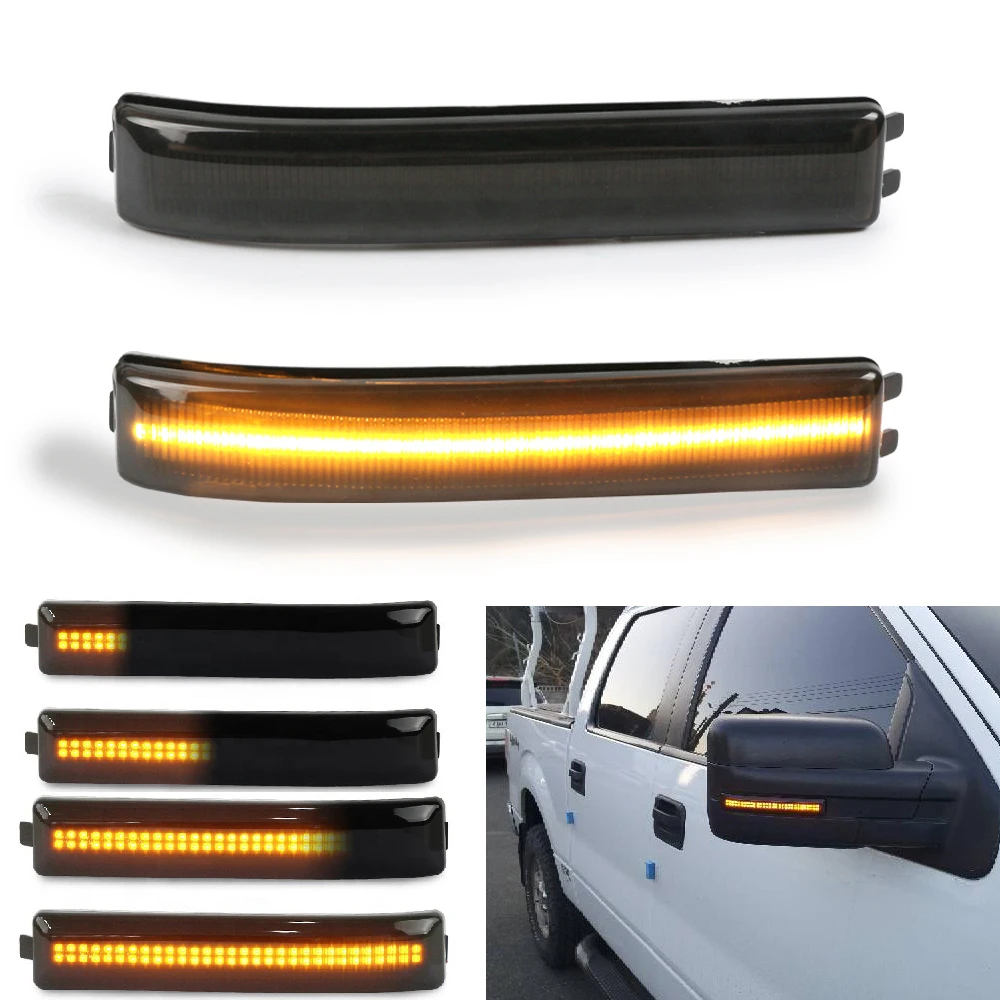 

2pc Smoke Dynamic Scrolling LED Side Mirror Light For 2009-2014 Ford F150 10-14 SVT Raptor Replace Amber Bulb-Less Reflector