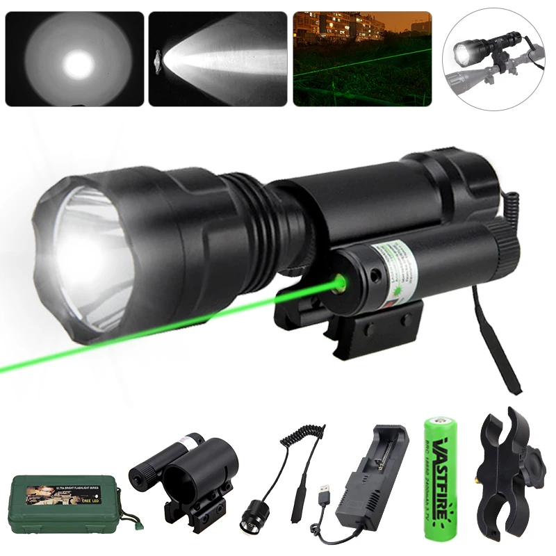 200 Yards Hunting C8 Flashlight Tactical Rifle Light+ Red/Green Laser Dot Scope Sight+Switch+Rail Barrel Mount+18650+Charger+Box
200 Yards Hunting C8 Flashlight Tactical Rifle Light+ Red/Green Laser Dot Scope Sight+Switch+Rail Barrel Mount+18650+Charger+Box