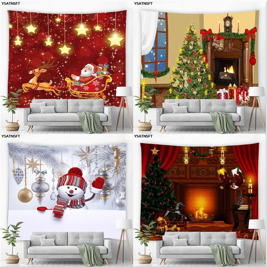 

Merry Christmas Tapestry Wall Hanging Santa Claus Gorgeous Christmas Tree Gifts Fireplace Bedroom Hippie Wall Tapestries Decor