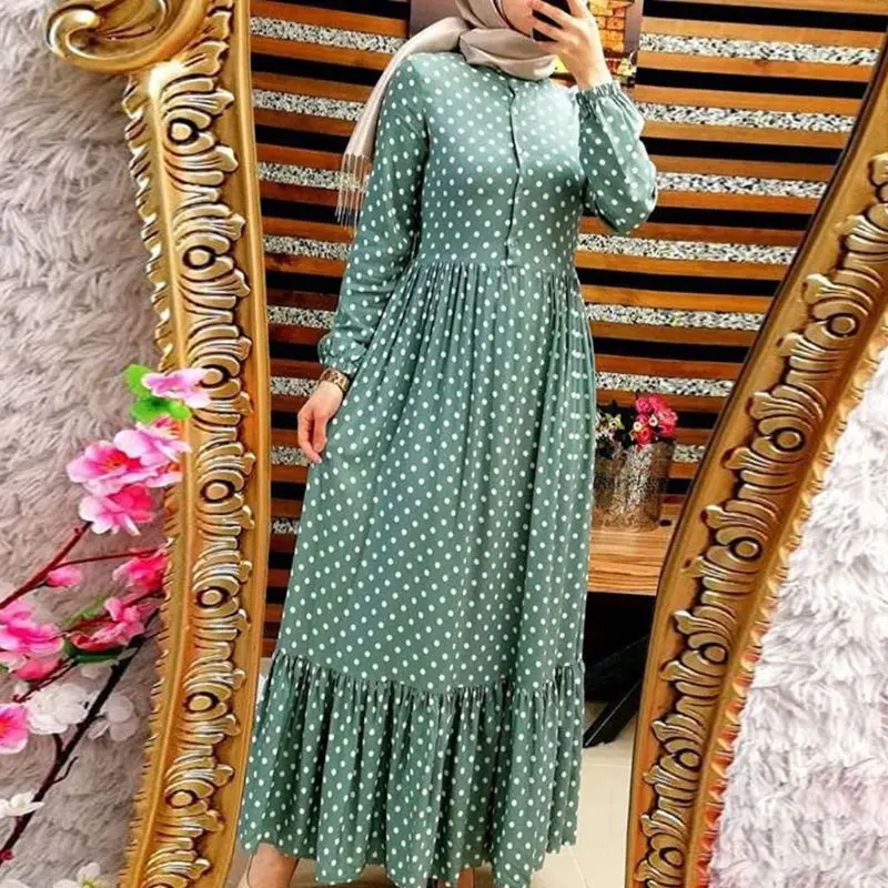 Women Muslim Lantern Sleeves Maxi Long Swing Dress Polka Dot Print Buttons Pleated Ruffles High Waist Kaftan Abaya Hijab Islam
Women Muslim Lantern Sleeves Maxi Long Swing Dress Polka Dot Print Buttons Pleated Ruffles High Waist Kaftan Abaya Hijab Islam