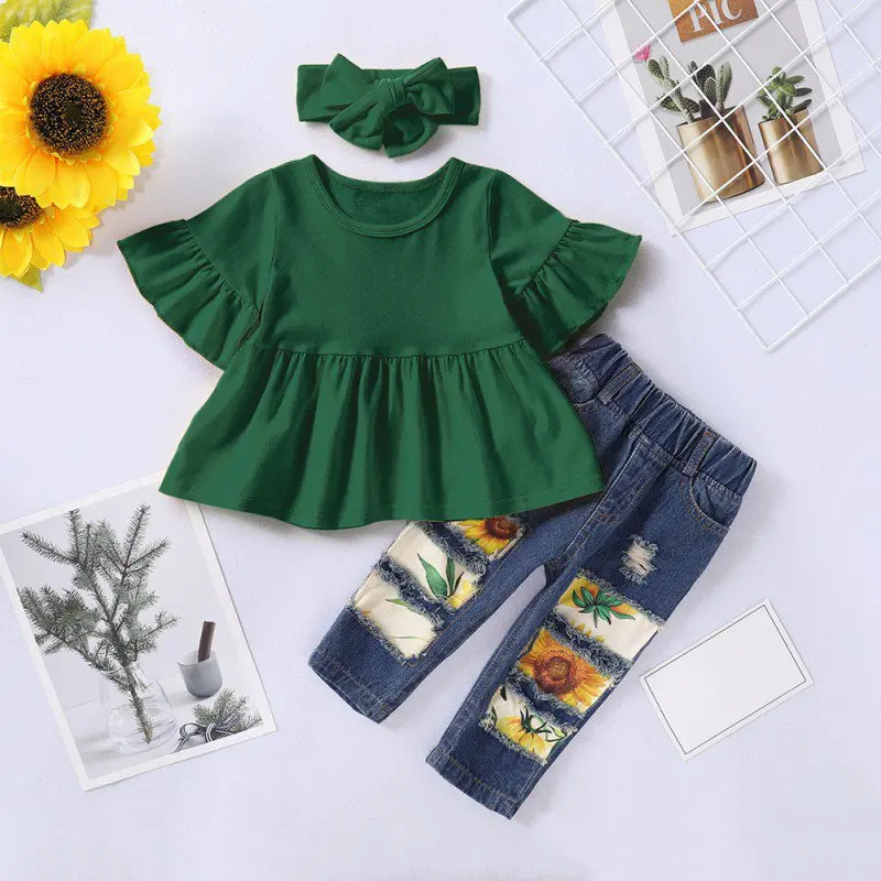 Summer Baby Girls Flare Sleeve Solid Color Tops Flower Print Hole Denim Pants Headband Clothes Sets
Summer Baby Girls Flare Sleeve Solid Color Tops Flower Print Hole Denim Pants Headband Clothes Sets