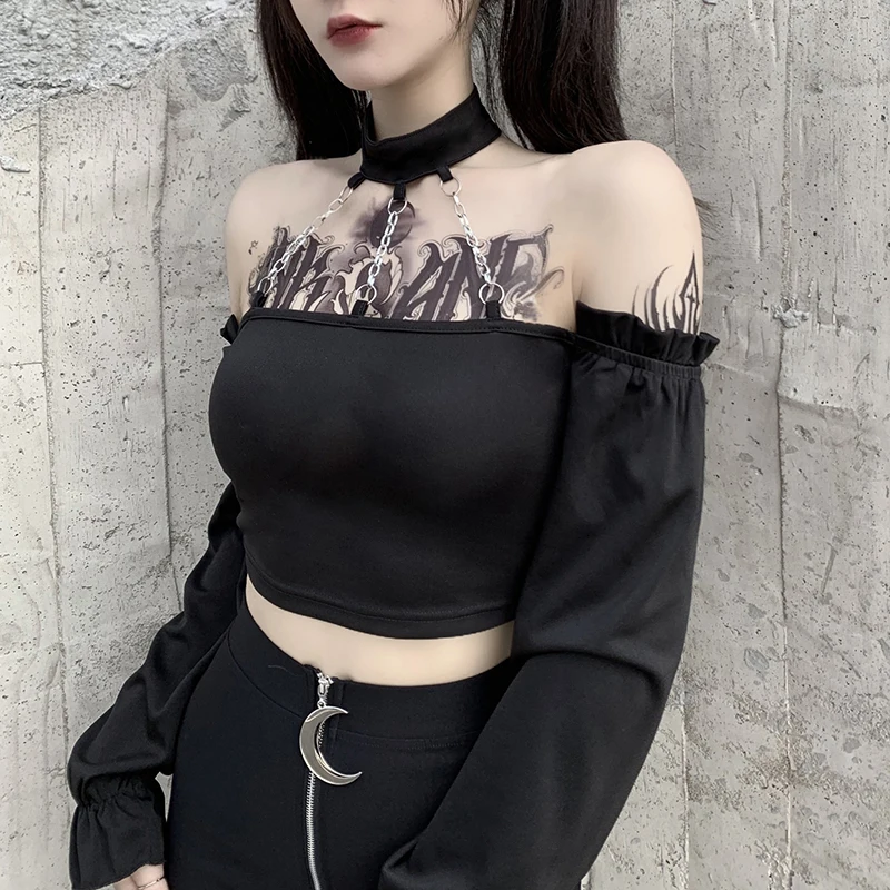 Harajuku Black Crop Tops Streetwear Off Shoulder Long Sleeve Tops Gothic Streetwear Punk Chain Matal Patchwork Girl's Tshirt
Harajuku Black Crop Tops Streetwear Off Shoulder Long Sleeve Tops Gothic Streetwear Punk Chain Matal Patchwork Girl's Tshirt