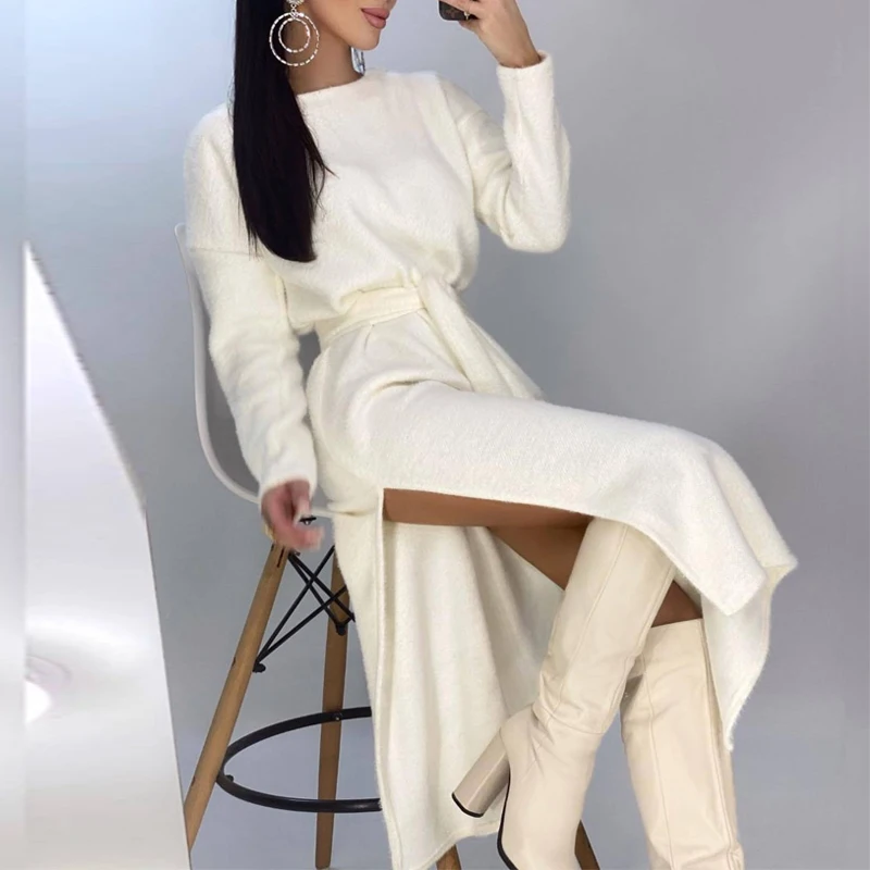 Autumn Winter New Elegant Solid Split Belt Long Dress Women Warm Pullover Dress Ladies Fashion O Neck Long Sleeve Dress Vestidos
Autumn Winter New Elegant Solid Split Belt Long Dress Women Warm Pullover Dress Ladies Fashion O Neck Long Sleeve Dress Vestidos