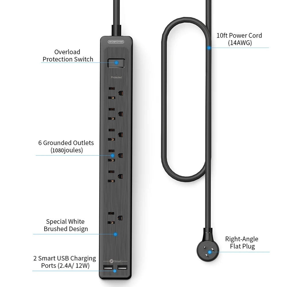 NTON силовой настенный сетевой протектор US POWER Strip черный с 10 футовым удлинительным