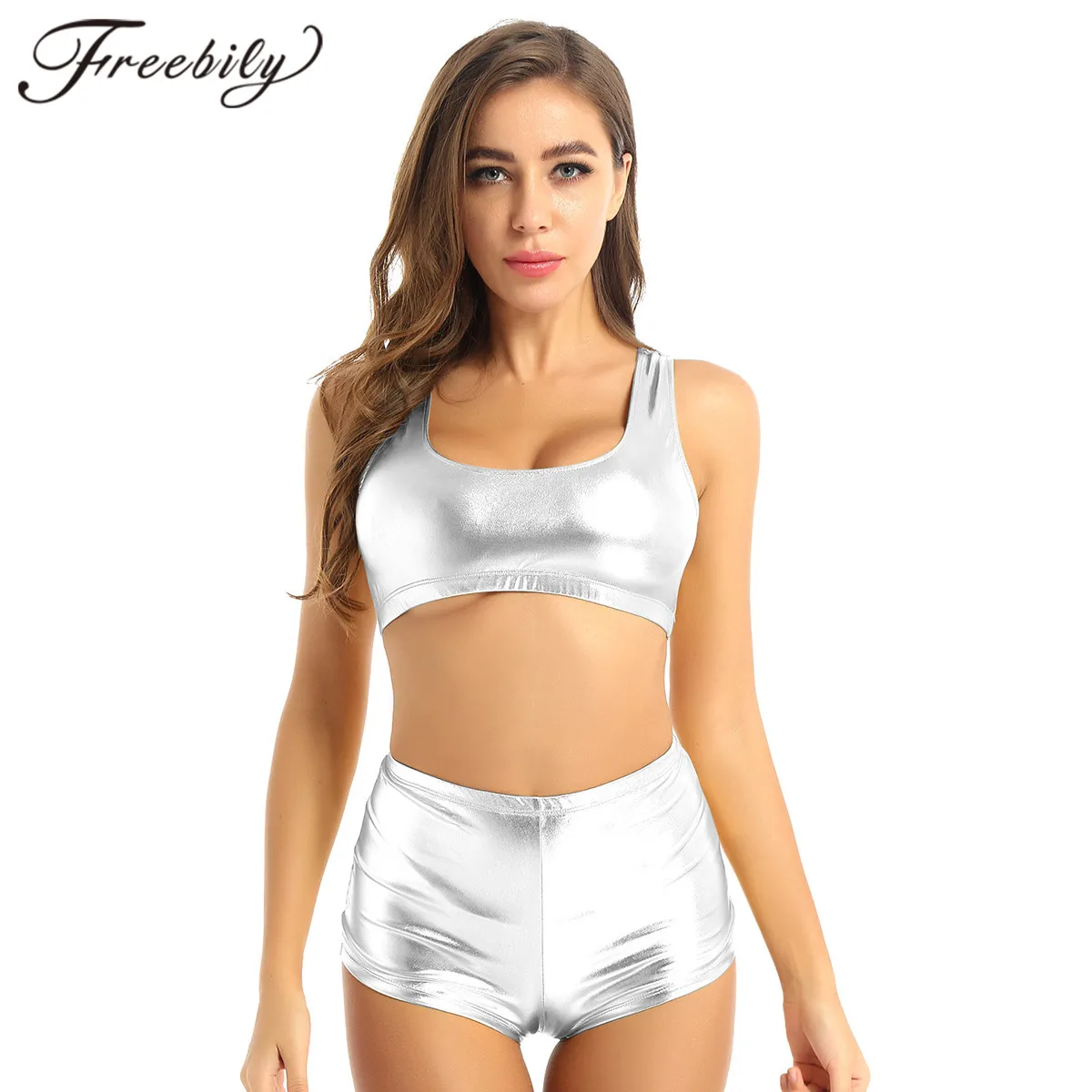 Womens Shiny Metallic U Neck Sleeveless Vest Crop Top with Hot Pants Shorts Female Cropped Tops Dance Fitness Sports Gym Outfit
Womens Shiny Metallic U Neck Sleeveless Vest Crop Top with Hot Pants Shorts Female Cropped Tops Dance Fitness Sports Gym Outfit
