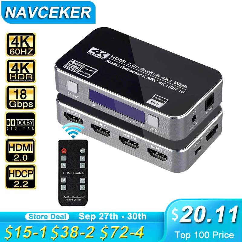 Navceker 4K HDMI Switch HDR HDMI ARC audio extractor HDMI 2.0 splitter switcher HDMI Switch audio extractor for PS4 pro Apple TV
Navceker 4K HDMI Switch HDR HDMI ARC audio extractor HDMI 2.0 splitter switcher HDMI Switch audio extractor for PS4 pro Apple TV