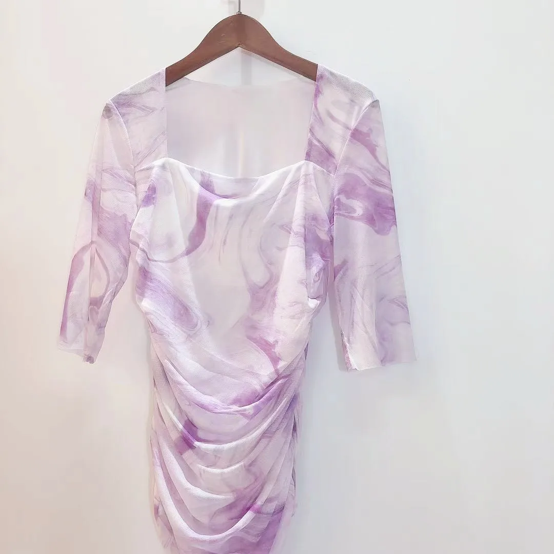 2021 Summer Women Pleated Blouse Square Collar T-Shirt Purple Ink Dyed Slim Waist Short Puff Sleeve Tee Ladies Top
2021 Summer Women Pleated Blouse Square Collar T-Shirt Purple Ink Dyed Slim Waist Short Puff Sleeve Tee Ladies Top