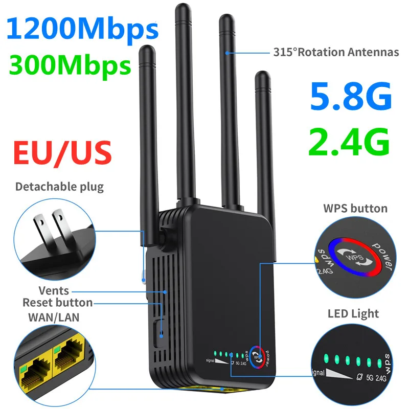 Wireless Wifi Repeater 1200Mbps 300Mbps Long Range Extender Router Wi-Fi Signal Amplifier 2.4G 5 GHZ Wi Fi Booster Access Point
Wireless Wifi Repeater 1200Mbps 300Mbps Long Range Extender Router Wi-Fi Signal Amplifier 2.4G 5 GHZ Wi Fi Booster Access Point
