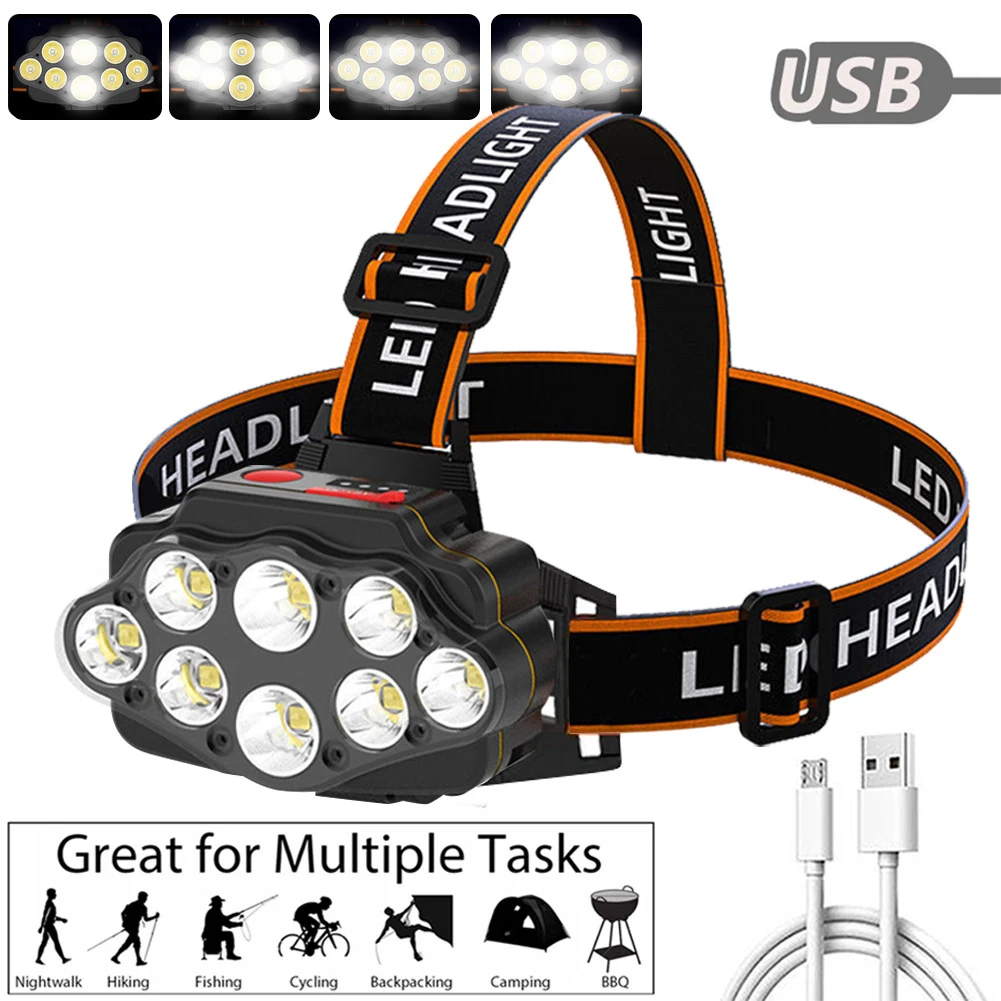 80000Lumens Powerful Headlamp 8 LED Headlight with built in battery USB Rechargeable Head Lamp Waterproof Head Torch Lantern
80000Lumens Powerful Headlamp 8 LED Headlight with built in battery USB Rechargeable Head Lamp Waterproof Head Torch Lantern