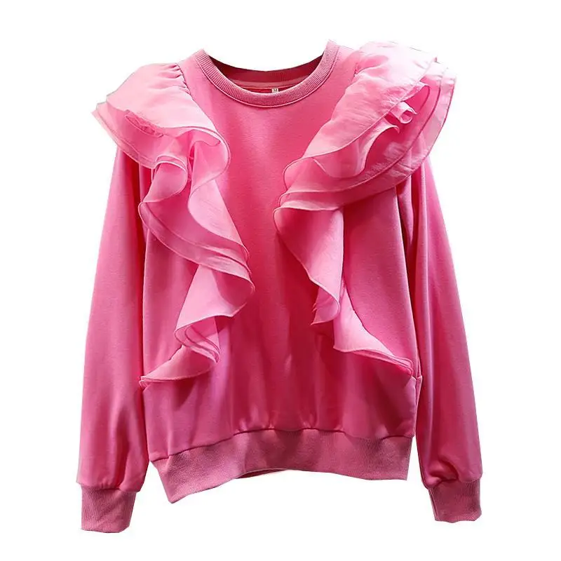 Fashion Ruffle stitching round neck long sleeve sweater 2021 new style versatile top 
Fashion Ruffle stitching round neck long sleeve sweater 2021 new style versatile top