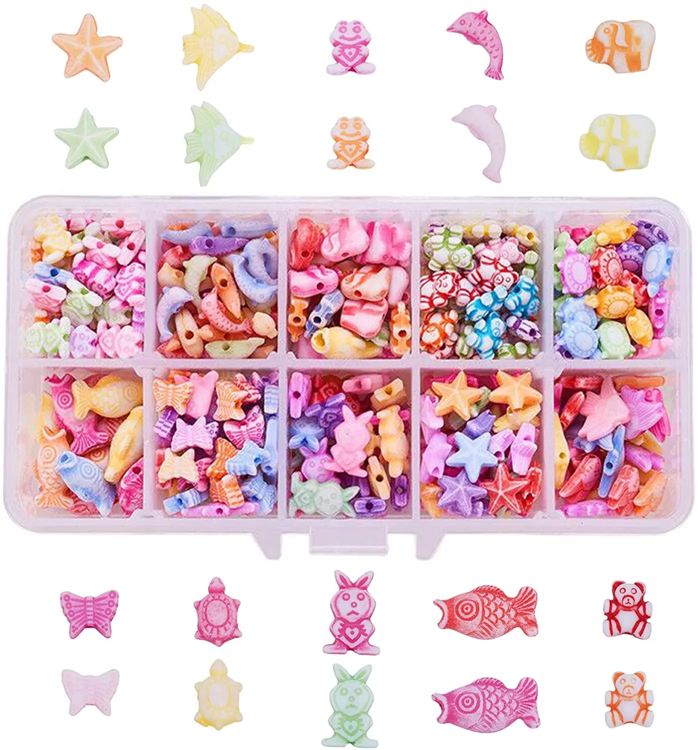 380Pcs 10 Shapes Acrylic Animal Beads Colorful Starfish Butterflyfish Dolphin Fish Tortoise Elephant Rabbit Bear Frog Butterfly
380Pcs 10 Shapes Acrylic Animal Beads Colorful Starfish Butterflyfish Dolphin Fish Tortoise Elephant Rabbit Bear Frog Butterfly