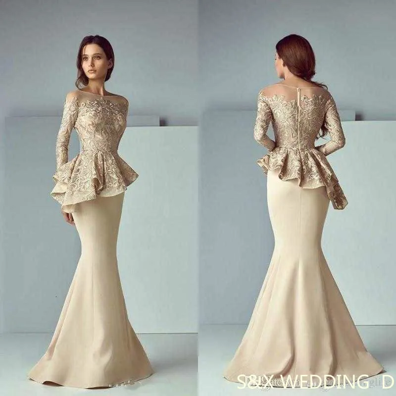 

Cheap Arabic Champagne Lace Stain Long Evening Dresses 2020 Jewel Sheer Neck Long Sleeve Dubai Mermaid Prom Dress Robe De Soiree