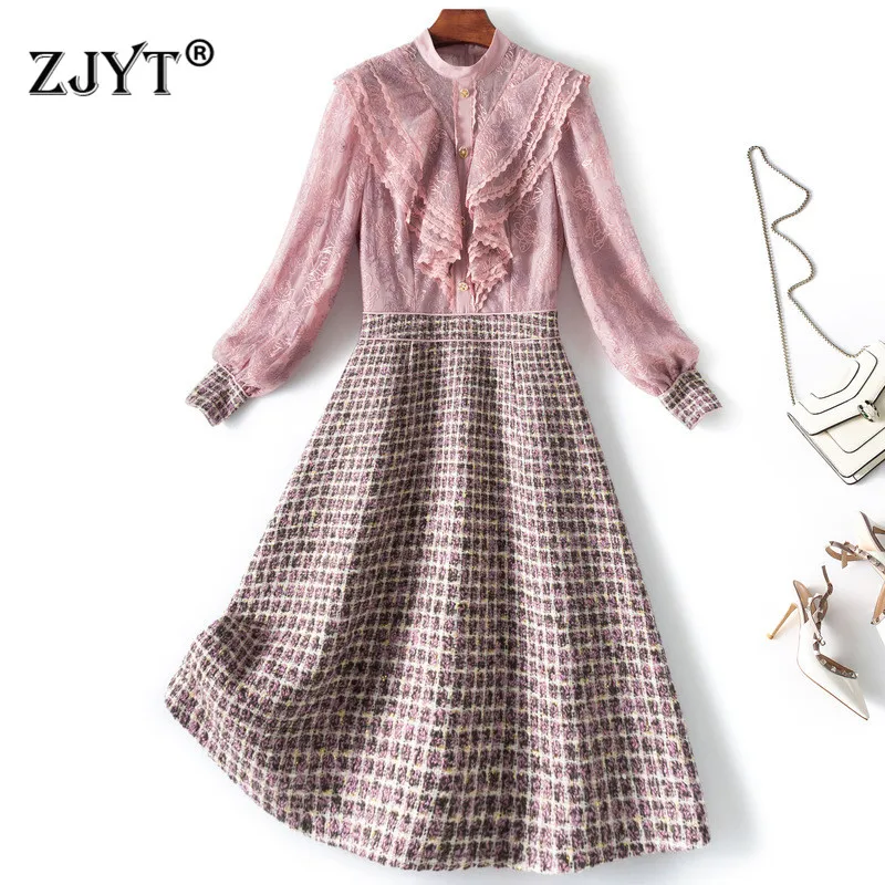 Fashion Women's Designer Autumn Winter Runway Lace Patchwork Tweed Woolen Dresses Long Sleeve Ruffle Sweet Pink Party Robe Femme
Fashion Women's Designer Autumn Winter Runway Lace Patchwork Tweed Woolen Dresses Long Sleeve Ruffle Sweet Pink Party Robe Femme