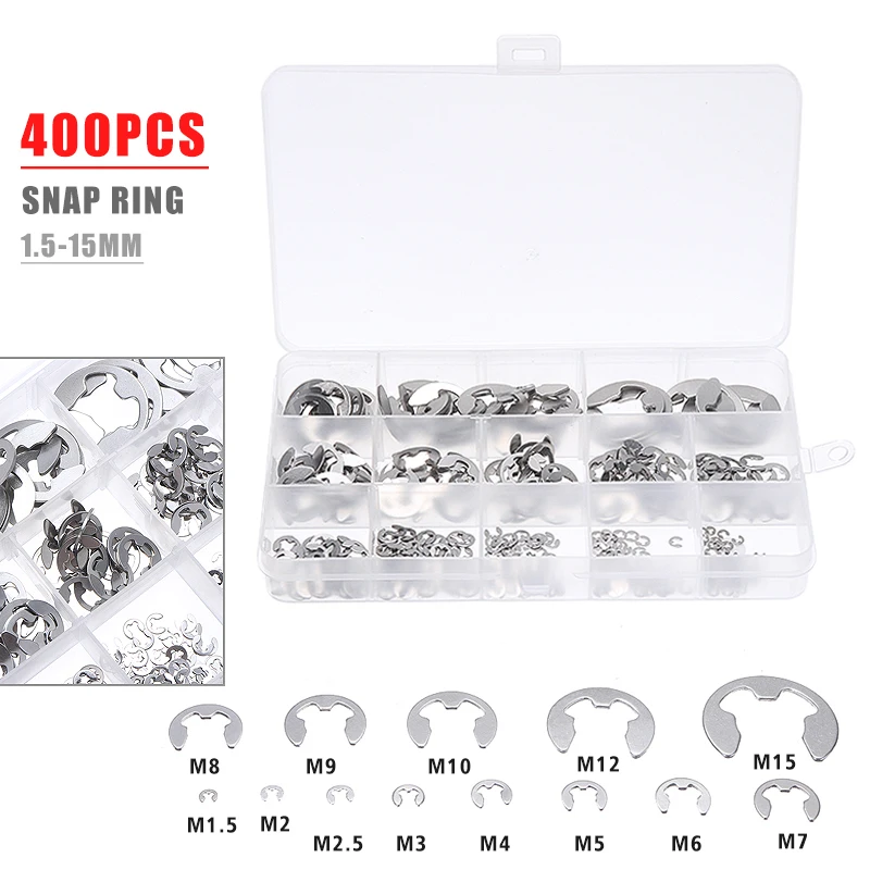 400Pcs/Box Stainless Steel E-Type Retaining Ring E-Clip Circlip Assortment Kit M1.5-M15 E-Clips Buckle-shaped Split Washers
400Pcs/Box Stainless Steel E-Type Retaining Ring E-Clip Circlip Assortment Kit M1.5-M15 E-Clips Buckle-shaped Split Washers