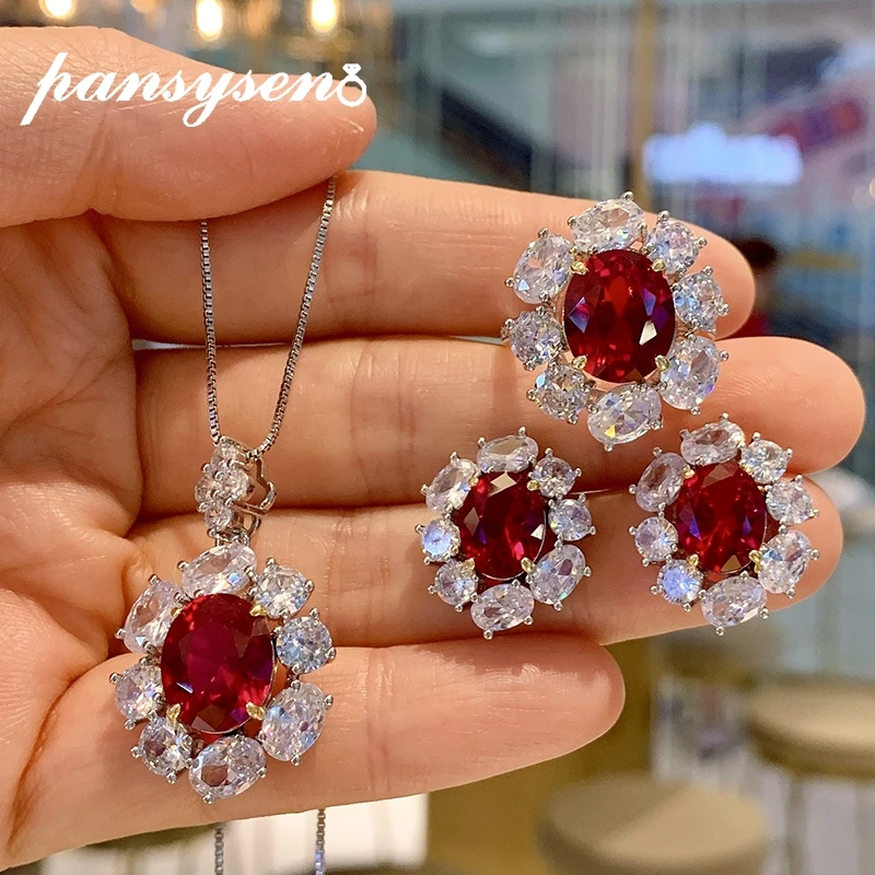 PANSYSEN Vintage 100% 925 Sterling Silver Ruby Created Moissanite Gemstone Necklace Earrings Ring Fine Jewelry Sets Wholesale
PANSYSEN Vintage 100% 925 Sterling Silver Ruby Created Moissanite Gemstone Necklace Earrings Ring Fine Jewelry Sets Wholesale