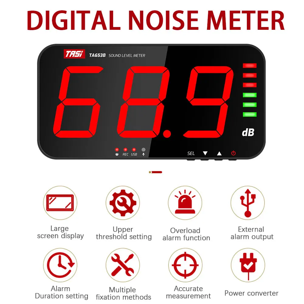 TASI TA653B Digital Noise Meter Sound Level Wall Hanging Large Screen Display USB Data Transmission Audio Meter
TASI TA653B Digital Noise Meter Sound Level Wall Hanging Large Screen Display USB Data Transmission Audio Meter
