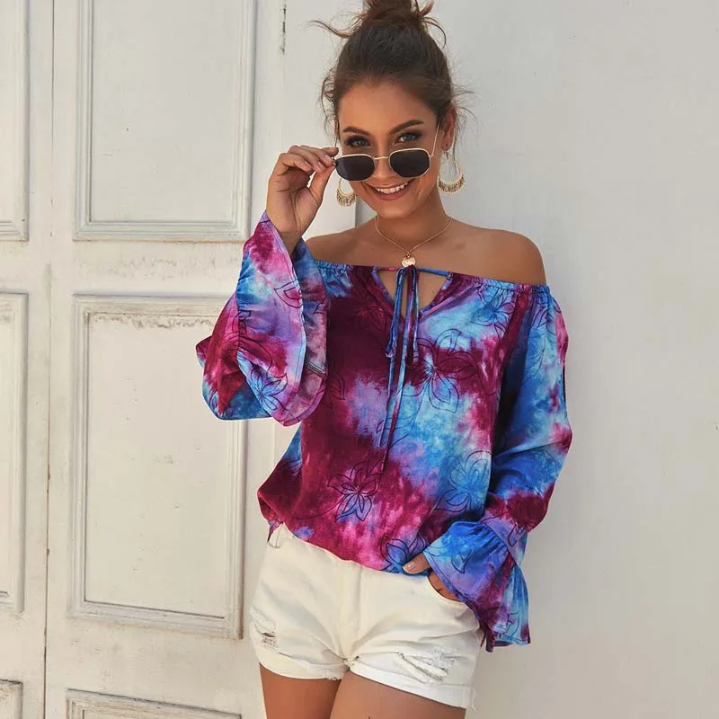 Tie Dye Slash Neck Flare Long Sleeve Bandage Sexy Off Shoulder T Shirt Women Casual Loose Streetwear Plus Size Office Tops
Tie Dye Slash Neck Flare Long Sleeve Bandage Sexy Off Shoulder T Shirt Women Casual Loose Streetwear Plus Size Office Tops
