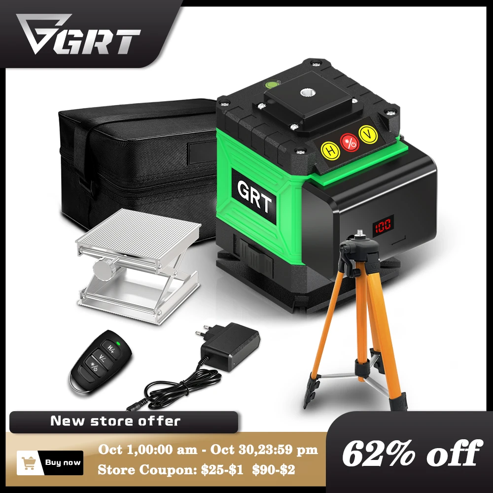 Лазерный уровень GRT, самонивелирующийся, 12 линий, 3D, 360 градусов, горизонтальный и вертикальный крест, лазерный уровень с зелеными линиями
Лазерный уровень GRT, самонивелирующийся, 12 линий, 3D, 360 градусов, горизонтальный и вертикальный крест, лазерный уровень с зелеными линиями