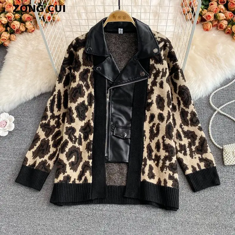 Женская трикотажная куртка с леопардовым принтом, Лоскутная куртка из искусственной кожи с английским воротником и длинным рукавом, свобод...
Женская трикотажная куртка с леопардовым принтом, Лоскутная куртка из искусственной кожи с английским воротником и длинным рукавом, свобод...