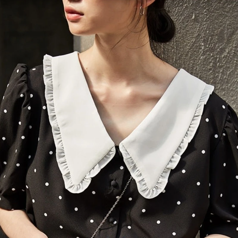Peter Pan Collar Polka Dot Shirts Women Short Puff Sleeve Summer Crop Top White Black Elegant Slender Fashion All-match Ulzzang 
Peter Pan Collar Polka Dot Shirts Women Short Puff Sleeve Summer Crop Top White Black Elegant Slender Fashion All-match Ulzzang