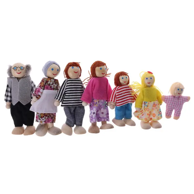 Фото 7 шт./компл. семья счастливый дом куклы деревянные фигурки персонажи одеты дети
