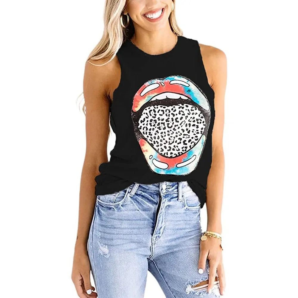 Женский цветной жилет с леопардовым принтом, с губами, круглым вырезом, футболка без рукавов для девушек 
Женский цветной жилет с леопардовым принтом, с губами, круглым вырезом, футболка без рукавов для девушек