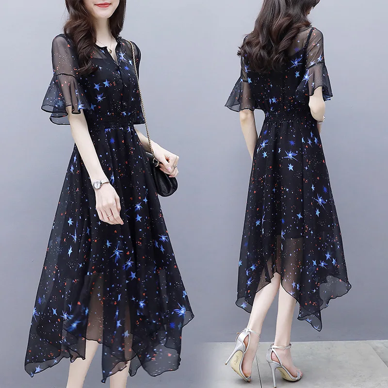 2020 Summer Women's New O-neck Slim Fit Mid Length Dress Trumpet Sleeve, Irregular Temperament, Celebrity Printed Chiffon Dress
2020 Summer Women's New O-neck Slim Fit Mid Length Dress Trumpet Sleeve, Irregular Temperament, Celebrity Printed Chiffon Dress