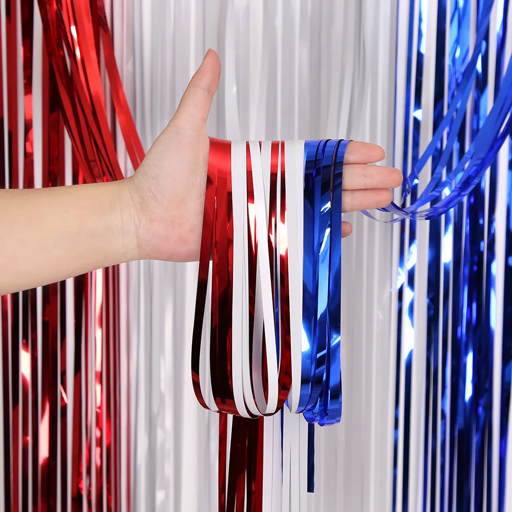 

4th of July Independence Day Blue White Red Foil Tinsel Fringe Curtain Backdrop for Veterans Memorial Day Patriotic Decorations