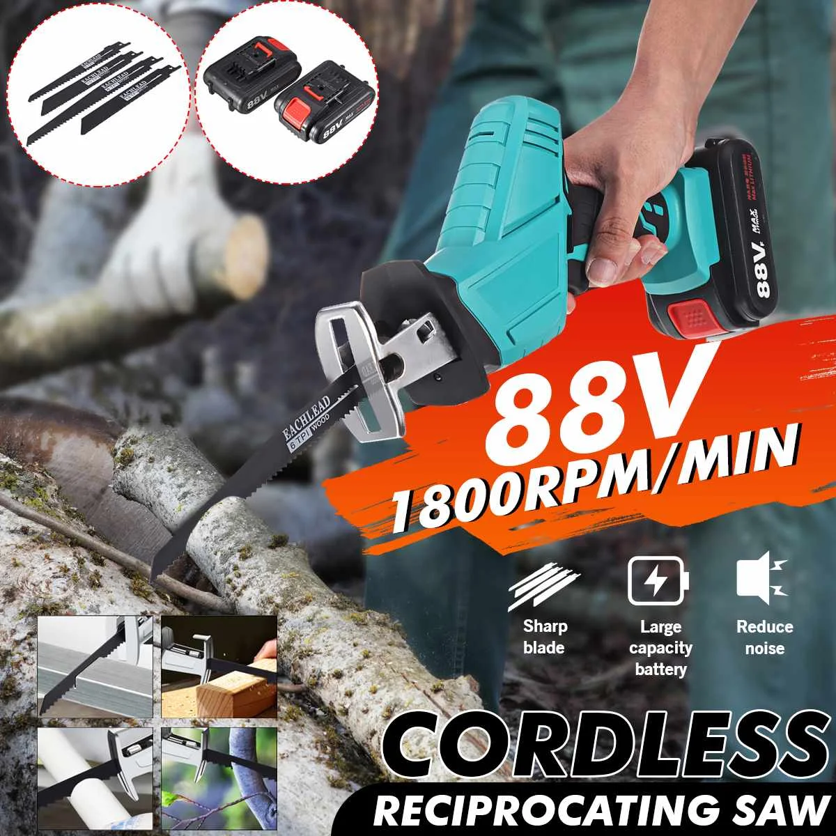 88V Rechargeable Cordless Reciprocating Saw 4 Blades Metal Cutting Woodworking Tool Kit Electric Saw with 1/2 Li-ion Battery
88V Rechargeable Cordless Reciprocating Saw 4 Blades Metal Cutting Woodworking Tool Kit Electric Saw with 1/2 Li-ion Battery
