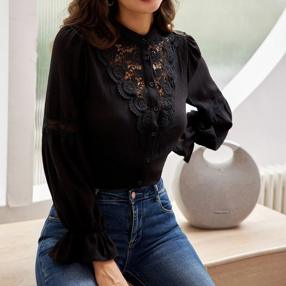 Women Lace Patchwork Shirt Long Sleeves Stand Collar Button-up Blouse Spring Fall Tops Fashion Temperament Retro Shirt Ladies
Women Lace Patchwork Shirt Long Sleeves Stand Collar Button-up Blouse Spring Fall Tops Fashion Temperament Retro Shirt Ladies