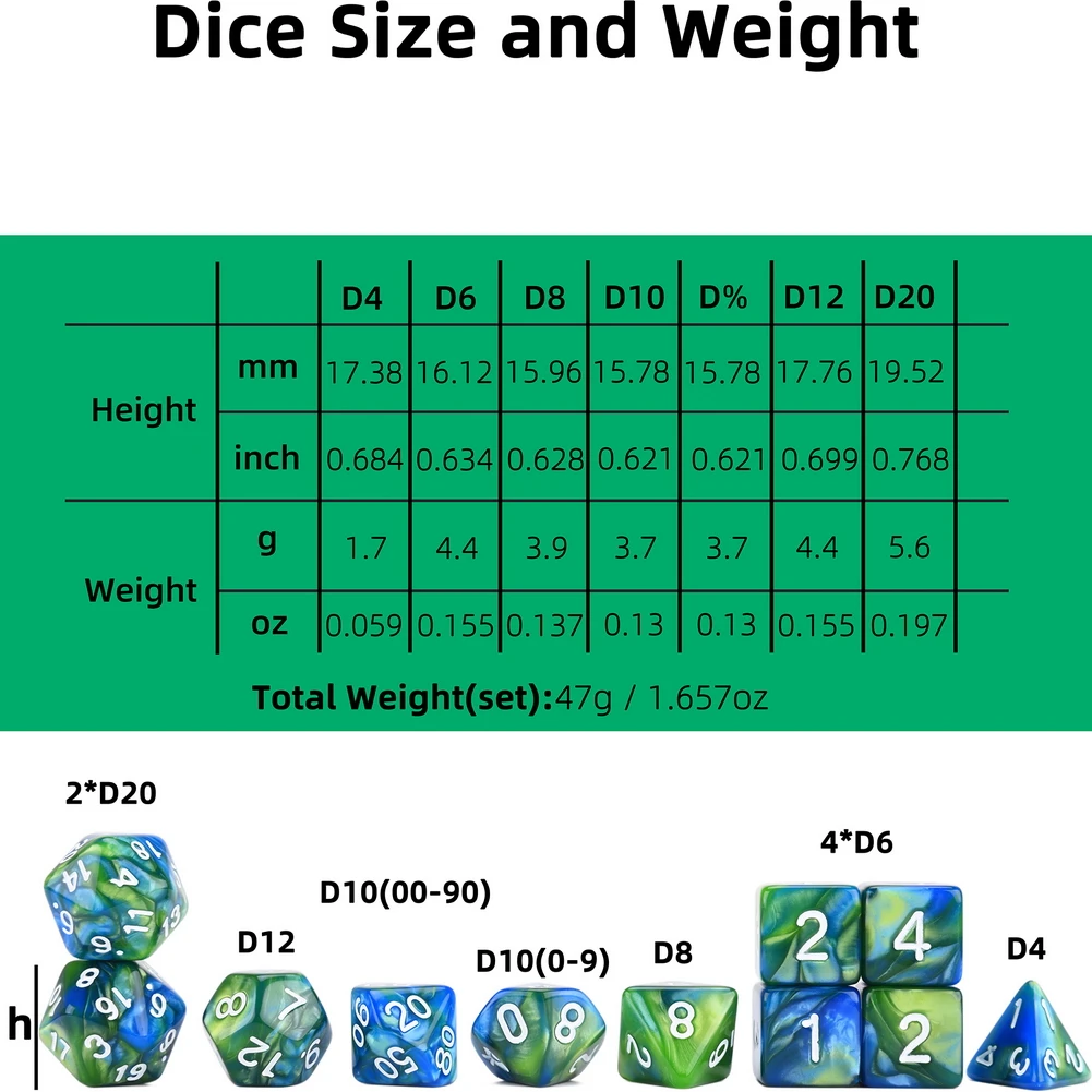 11pc Dice Set with Velvet Pouch for Tabletop Games DnD 5e Game(Blue and Green)
11pc Dice Set with Velvet Pouch for Tabletop Games DnD 5e Game(Blue and Green)