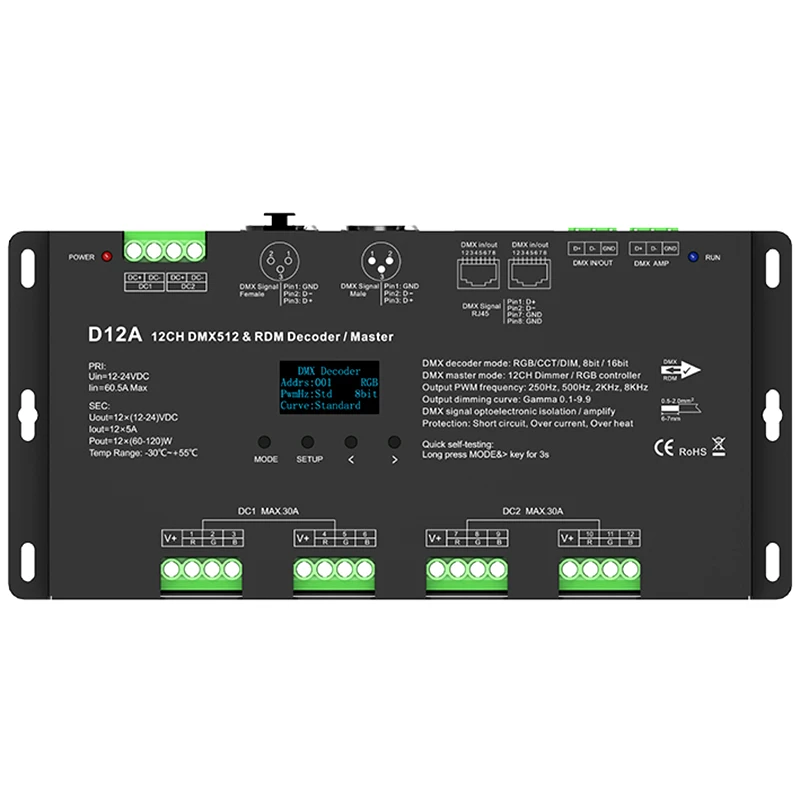 D12A 12 Channel DMX512 Decoder DC12V 24V 12CH*5A display Master RDM controller PWM frequency XLR3,RJ45 Out RDM Decode
D12A 12 Channel DMX512 Decoder DC12V 24V 12CH*5A display Master RDM controller PWM frequency XLR3,RJ45 Out RDM Decode