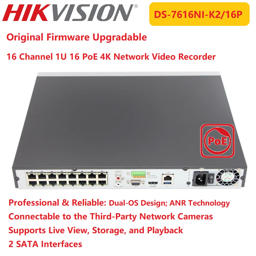 

Hikvision 4K NVR DS-7616NI-K2/16P 16-ch 1U 16 PoE Surveillance Network Video Recorder 8MP 2 SATA Third-Party Camera Connectable